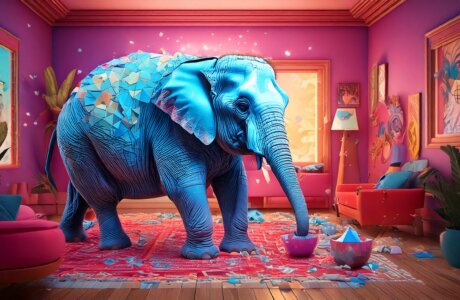 O elefante entrou na sala e não o convidaram